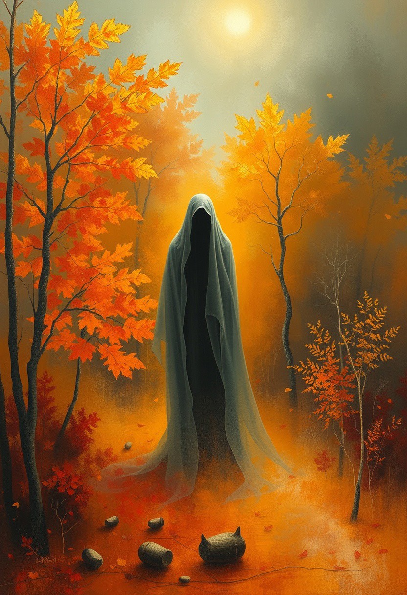 A Symbolist painting depicting a ghostly figure in a dreamlike autumn landscape. Warm oranges, reds, and yellows create an intense, dramatic lighting effect with a soft, dreamy atmosphere.  Meticulous detail and a balance of realism and imagination are emphasized.