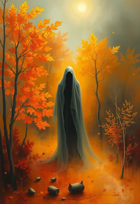 A Symbolist painting depicting a ghostly figure in a dreamlike autumn landscape. Warm oranges, reds, and yellows create an intense, dramatic lighting effect with a soft, dreamy atmosphere.  Meticulous detail and a balance of realism and imagination are emphasized.