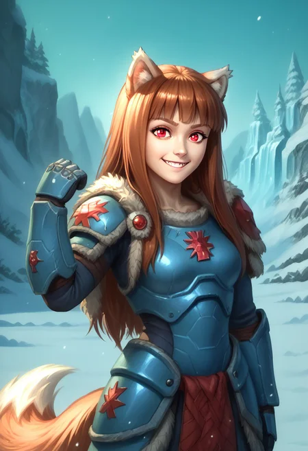 score_9, score_8_up, score_7_up, masterpiece, perfecteyes, holo, brown hair,long hair,red eyes, wolf girl,wolf ear,wolf tail, solo, , looking at the viewer, detailed background, wearing power armor, spcwlf, back view, proud smile, ice, snow, icy cavern, outdoors, fur cloak, holo in spcwlf armor, flexing, she says "Afraid not citizen, holo protects"