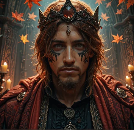 full shot, 1boy, Create a fantasy character portrait of a regal king with long, flowing auburn hair, a neatly trimmed goatee, and striking golden eyes. He wears an ornate crown adorned with a large topaz and has intricate facial paint in red and black patterns over a pale base layer. His attire is a mix of royal robes and pinstriped armor, featuring rich autumn colors and fine textures. The background is a dimly lit throne room with flickering candles and autumn leaves, enhancing the mystical atmosphere., general sfw, embedding:lazypos, gdv2-illu