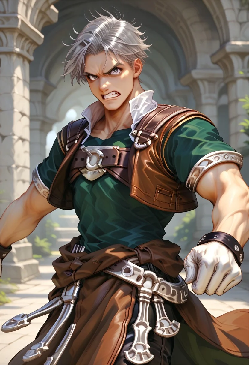 score_9, score_8_up, score_7_up, male focus, toned male, natgra2, gray eyes, short hair, silver hair, steel greaves, plated footwear, brown skirt, black pants, green shirt, brown leather vest, silver belts, white gloves, silver chest plate, dynamic pose, angry, teeth,