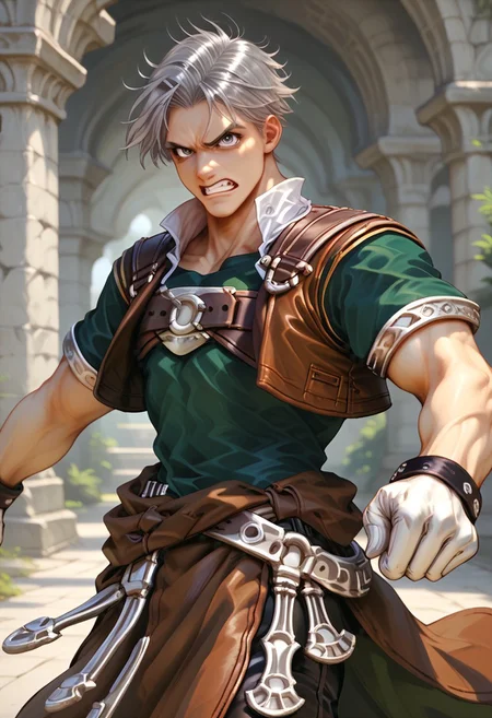 score_9, score_8_up, score_7_up, male focus, toned male, natgra2, gray eyes, short hair, silver hair, steel greaves, plated footwear, brown skirt, black pants, green shirt, brown leather vest, silver belts, white gloves, silver chest plate, dynamic pose, angry, teeth,