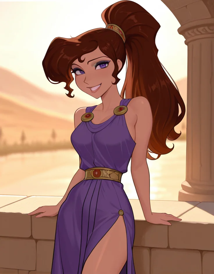 masterpiece, best quality, amazing quality, very aesthetic, absurdres, newest, detailed background, cowboy shot, 4k, 8k, outdoors, ancient greece,
megaraxd, 1girl, solo, long hair, brown hair, makeup, purple eyes, lips, purple dress, medium breasts, smile, looking at viewer, ponytail, grin,
<lora:Megara_-_Disney_Illustrious:1>