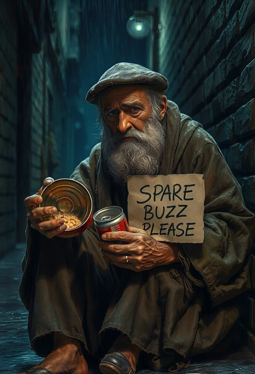 Realistic, high quality, great anatomy, accurate, 1man, fuzzy beard, short beard, grey beard, wrinkly face, dirty face, tired face, ragged robe, dirty clothes, dirty hat, berret hat, ragged long pants, sitting, 2 hands, detailed hands, holding empty food can, opened food can, 1can, rusty can, topless can, holding cardboard, cardboard saying "SPARE BUZZ PLEASE", looking down, looking away, frowning, crying, sobbing, sad,
Night time, heavy rain, raining, dark alley, dutch angle, full body, far view, side view, modern, dark, no lightning