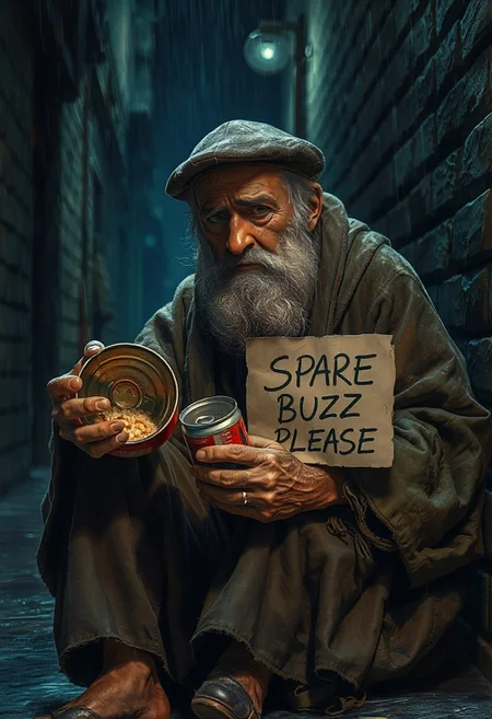 Realistic, high quality, great anatomy, accurate, 1man, fuzzy beard, short beard,  grey beard, wrinkly face, dirty face, tired face, ragged robe, dirty clothes, dirty hat, berret hat, ragged long pants, sitting, 2 hands, detailed hands, holding empty food can, opened food can, 1can, rusty can, topless can, holding cardboard, cardboard saying "SPARE BUZZ PLEASE", looking down, looking away, frowning, crying, sobbing, sad,
Night time, heavy rain, raining, dark alley, dutch angle, full body, far view, side view, modern, dark, no lightning