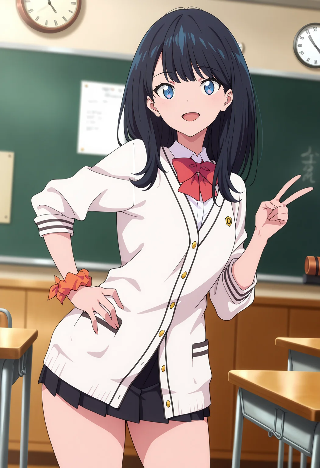 anime screencap, masterpiece, best quality,
<lora:SSSSGridman_TakaradaRikka_IlluXL:0.9>,
1girl, solo, open mouth, smile, v,
straight hair, long hair, black hair, blue eyes,
white cardigan, red bowtie, sleeves rolled up, wrist scrunchie, miniskirt, black skirt, thighs,
hand on own hip, standing, looking at viewer, cowboy shot,
classroom, indoors, day, clock, blackboard, table, blurry background