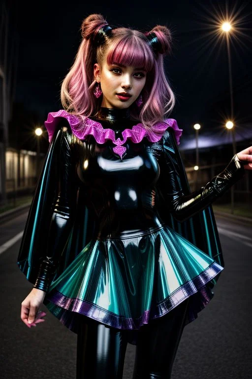 evil corrupted young princess wearing dark pastel (ruffled:1) (gleaming latex:1.5) EvlSM DarkPrecure Bad_End_Precure gown with (long latex cape:1) and latex elbow bridal gauntlets, (Perfect Face:1), soft lighting, glossy red lips, ruffles,