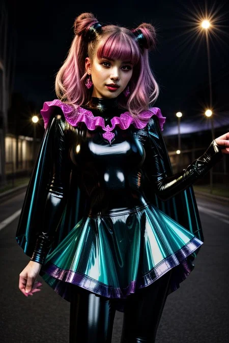evil corrupted young princess wearing dark pastel (ruffled:1) (gleaming latex:1.5) EvlSM DarkPrecure Bad_End_Precure gown with (long latex cape:1) and latex elbow bridal gauntlets, (Perfect Face:1), soft lighting, glossy red lips, ruffles,