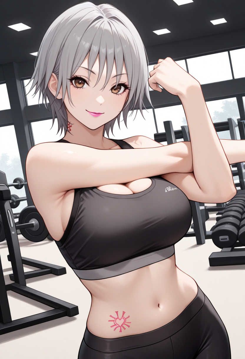 masterpiece, best quality, 1girl, solo, looking at viewer, cowboy shot, smile, gym, stretching
black sports bra, black yoga pants
 <lora:zs_OgamiILLU_1:1> ogamismt, short hair, grey hair, brown eyes, lipstick, hip tattoo