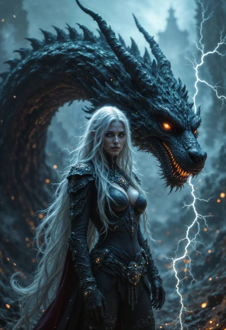 a dramatic scene with a female warrior and a dragon. The layout is vertical, focusing on the left side where the woman stands. She has long, flowing silver hair and pale skin, wearing intricately detailed dark armor. Her expression is serious and determined. The dragon beside her has glowing orange eyes and textured scales, exuding a sense of power. In the background, a misty graveyard with leafless trees and crosses is visible, with a castle silhouette against a fiery sky. The overall color palette is a mix of cool blues and fiery oranges, creating a striking contrast.
<lora:aidmaFLUXpro1.1:1> aidmafluxpro1.1