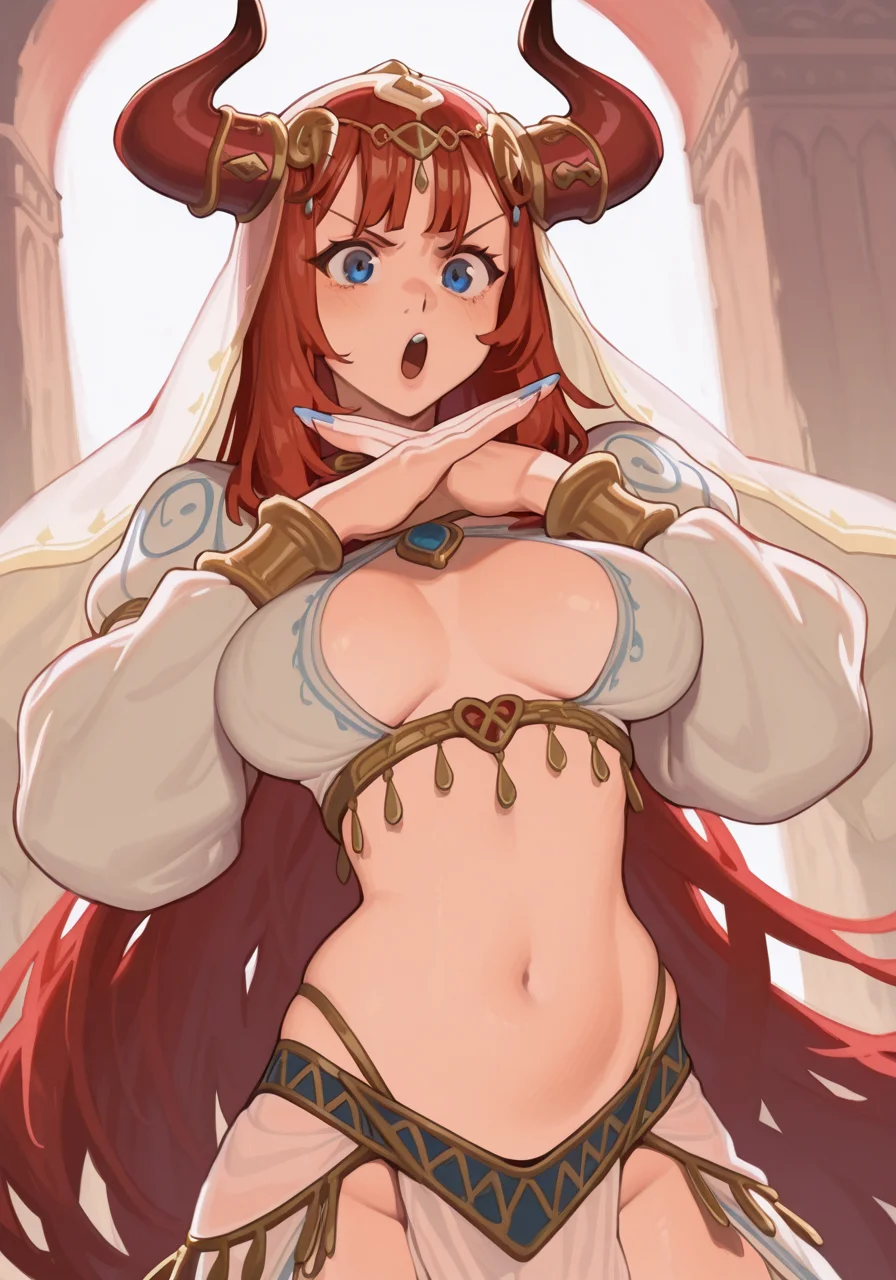 1girl, :o, blue eyes, blue nails, breasts, breasts apart, dancer, fake horns, horns, large breasts, long hair, looking at viewer, midriff, nail polish, navel, open mouth, puffy sleeves, red hair, revealing clothes, solo, stomach, v-shaped eyebrows, veil, very long hair, x arms, BREAK character_concept, cowboy_shot, (dutch_angle:1.25), <lora:Maiz_IL_Style_epoch_7:1> M41z, painterly, <lora:illustrious_quality_modifiers_masterpieces_v1:1> masterpiece, very aesthetic, absurdres