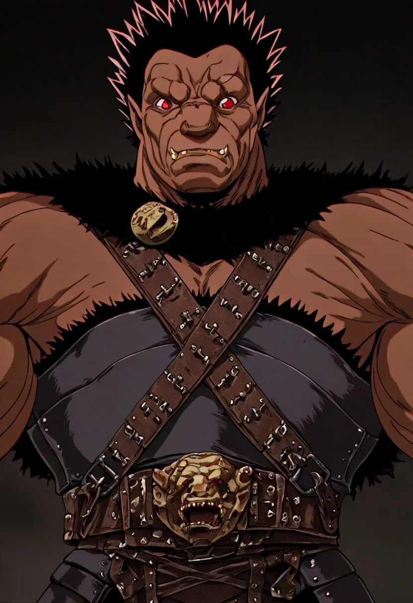 masterpiece, best quality, newest, absurdres, highres, vintage anime, 90s anime, Zodd-V1.0, muscular male, short hair, red eyes, dark skin, dark skinned male, scar, scar on face, fangs, pointy ears, muscular, spiked hair, black hair, armor,