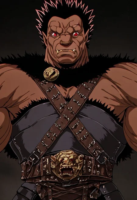masterpiece, best quality, newest, absurdres, highres, vintage anime, 90s anime, Zodd-V1.0, muscular male, short hair, red eyes, dark skin, dark skinned male, scar, scar on face, fangs, pointy ears, muscular, spiked hair, black hair, armor,