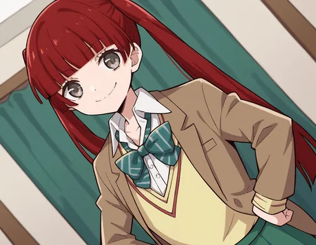 score_9, score_8_up, score_7_up, source_anime, <lora:n-arisugawa-oc-ponyxl-lora-nochekaiser:1>, n-arisugawa, long hair, red hair, bangs, blunt bangs, hime cut, grey eyes,, twintails, skirt, long sleeves, school uniform, jacket, miniskirt, green skirt, blazer, brown blazer, sweater vest, yellow sweater vest, bowtie, green bowtie, striped bowtie, collared shirt,, indoors, smug, smile, looking at viewer, solo, hands on hips,, cowboy shot, dutch angle