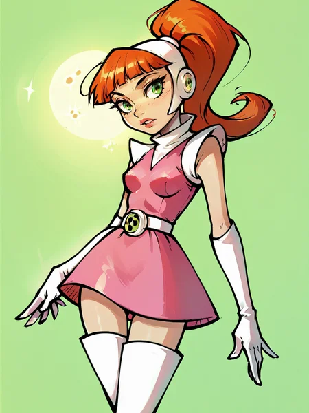 score_9, score_8_up, score_7_up, score_6_up, score_5_up, <lora:1ly4XLP:1> 1ly4, <lora:AtomicBettyXLP:1> atomic betty, 1girl, gloves, solo, green eyes, thigh boots, ponytail, elbow gloves, dress