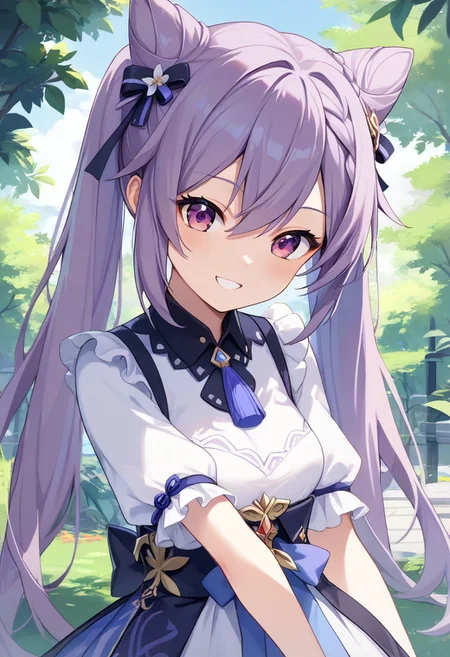score_9, score_8_up, score_7_up, source_anime, best quality, masterpiece, 1girl, solo, smile. outdoors,
keqingcs, purple hair, cone hair bun, purple eyes, long hair, double bun, braid, twintails,