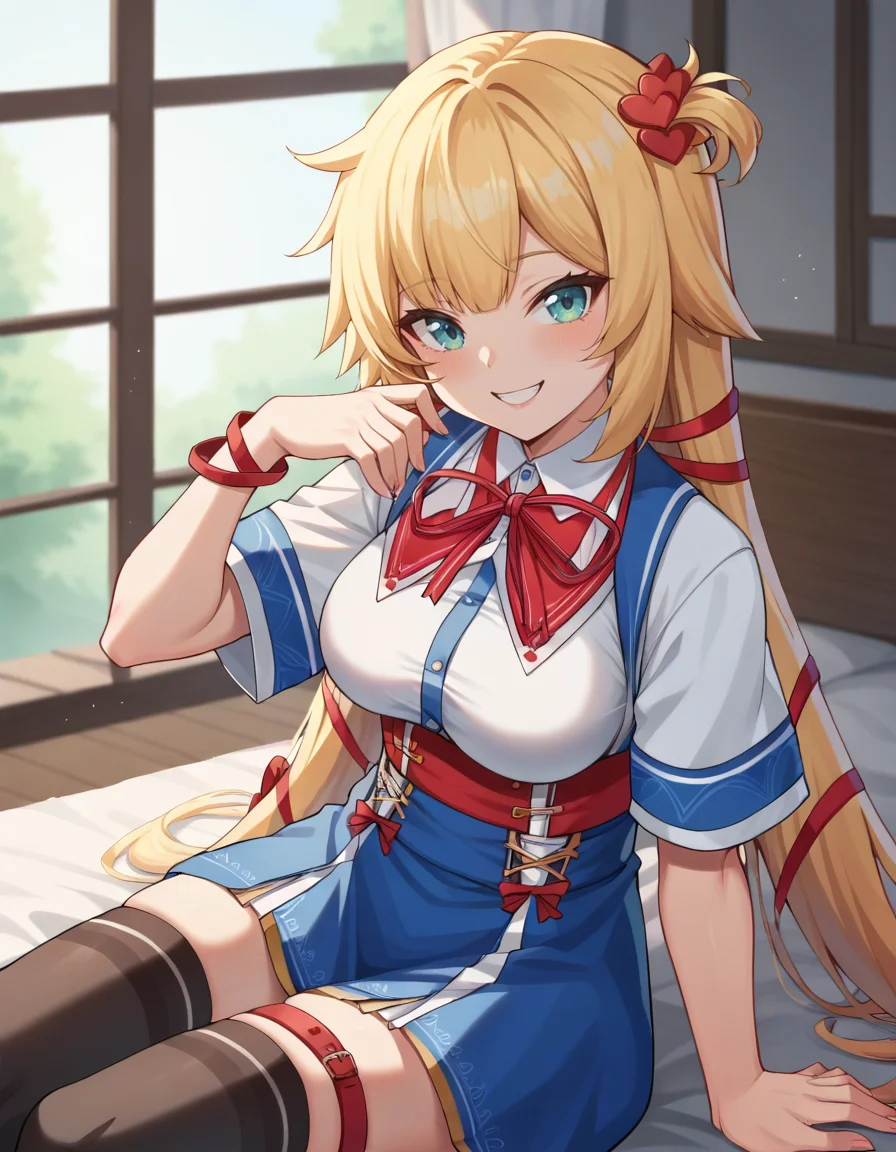 score_9, score_8_up, score_7_up, score_6_up, score_5_up, score_4_up, source_anime, anime screencap, BREAK 1girl, solo, upper body, smile, sitting,
<lora:Akai_Haato_Pony:1> akai_haato, long hair, blonde hair, white shirt, blue dress, short sleeves, red bow, ribbon, thighhighs, thigh strap, hair ornament,