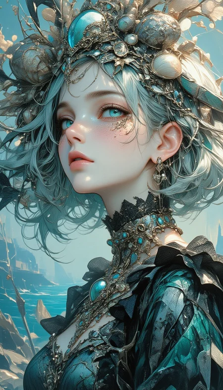 Midjourney_Whisper, A hyper-realistic portrait of a stunning supermodel, featuring a beautifully detailed face with captivating eyes and a serene expression.
Stunning illustration. masterpiece. bewitching color, depth of field, soft lighting, sharp focus, anime, <lora:ILLUSTRATION_2_FLUX v2:0.4> <lora:midjourney_whisper_flux_lora_v01:0.4>
The passage describes a highly detailed and ethereal side-profile portrait of a little sexy erotic cute girl. She has short, luminous silver hair with teal highlights and wears an elaborate headpiece adorned with seashells, pearls, and metallic filigree, evoking an underwater kingdom. Her attire blends oceanic textures with baroque elegance and steampunk elements, featuring lace and embroidery in teal, black, and silver. The background is a flowing watercolor-like scene with abstract ink splashes, creating a serene and surreal atmosphere against an ocean at dusk.