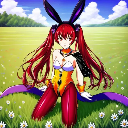 1girl, SeveraSpring, twintails, red hair, long hair, rabbit ears, leotard, playboy bunny, cleavage, medium breasts, Red Pantyhose, solo, field, kneeling,