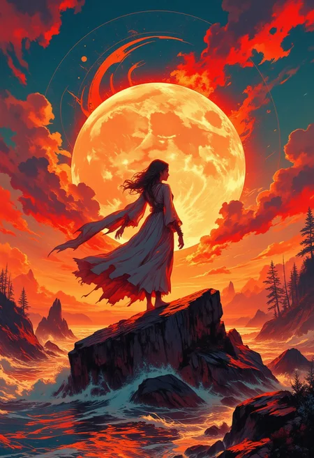 Intricate linework with expressive contrasts, low-key lighting with cool shadows and warm dynamic highlights. A breathtaking, cinematic photograph of a solitary woman standing on jagged rocks at the water's edge, silhouetted against a vibrant sky ablaze with fiery reds and oranges, streaked with soft, swirling clouds and a massive glowing crescent moon. Her flowing dress moves gently in the wind, her arms outstretched in an evocative gesture of longing and connection. The dramatic lighting intensifies the contrast between the blazing warmth of the sky and the deep, shadowy blues of the rocks and water, adding depth and heightened emotion to the scene. Bold rim lighting bathes her silhouette in a fiery glow, emphasizing her presence and creating striking separation from the vivid background. The water reflects the intense hues of the sky, shimmering with molten tones that draw the viewer’s eye toward the horizon. In the background, faint outlines of distant rocks and trees add texture and mystery, completing this surreal yet emotionally charged visual narrative. Conceptual, cinematic, vibrant. In the style of ff-td, DB4RZ, DB4RZ style painting