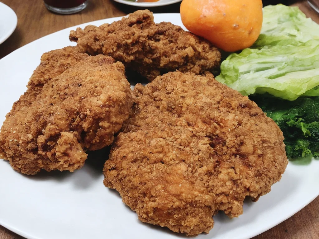 A high-resolution, hyper-realistic image of a deliciously fried chicken cutlet, referred to as G8G. The G8G is golden brown, with a crispy, crumbly coating and tender, juicy meat inside. It's served on a rustic wooden plate, with a side of fresh, colorful vegetables and a dollop of tangy sauce. The scene is set in a cozy, homely kitchen, with all elements in sharp focus, creating a clear and detailed image. The lighting should be warm and inviting, highlighting the appetizing qualities of the G8 and the cozy atmosphere of the setting, <lora:g8:0.7>