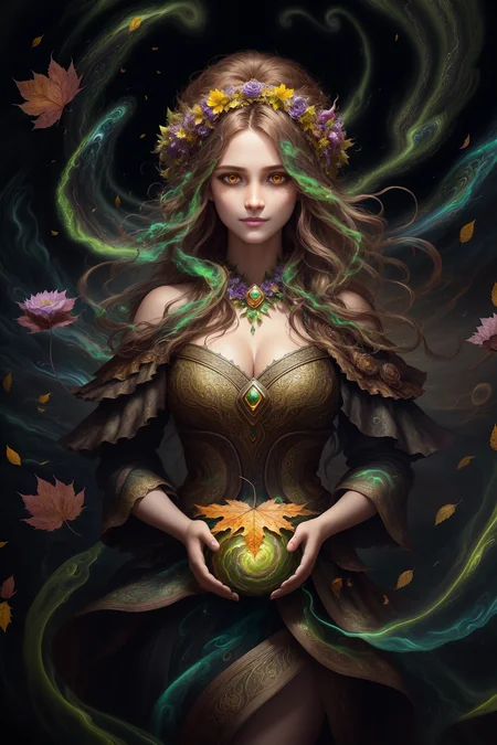 splash art of an enchanting earth spirit druid, dark brown and green two-tone hair, yellow eyes, dress made out of leaves in the (style-swirlmagic:1.1),( swirling leaves magical:1.1) around her, blurry_background, breasts, smile, cleavage, flower crown, natural lighting, windblown hair, looking_at_viewer, solo, highly detailed 8k character concept portrait studio lighting by Annie Leibovitz and Steve McCurry octane render trending on artstation made in Maya 4K high quality digital painting dramatic lighting