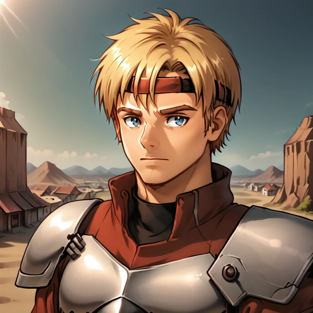ChazPS, male, solo, portrait, sci-fi town, adobe buildings, sci-fi, headband, uniform, armor, <lora:Chaz_Ashley-000011:1>