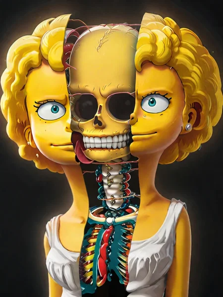 looking at viewer <lora:split2:1.1> split head and body of a Lisa Simpson, inside a skeleton, subsurface scattering, ultra hd, 4k, high def, Photorealistic, Hyperrealistic, Hyper detailed, analog style, realistic, masterpiece, best quality, ultra realistic, 8k, Intricate, High Detail, film photography, soft lighting,  heavy shadow