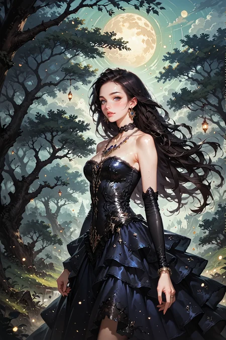score_9, score_8_up, score_7_up, score_6_up, (1girl,solo),extremely detailed, ((beautiful silhouette of a female in a dress)), (epic oak tree, heavy backdrop lights), (whimsical colorful dustclouds background, dust particles, lots of detail), sharp focus,, long hair, earrings,<lora:LOAs0rcl34pXL:0.75>,LOAs0rcl34pXL, lace skirt, necklaces, elbow gloves, strapless, <lora:sinfully_stylish_SDKL:0.5> <lora:Concept Art DarkSide Style LoRA_Pony XL v6:0.6>, concept art, realistic, <lora:Expressive_H:0.5> Expressiveh