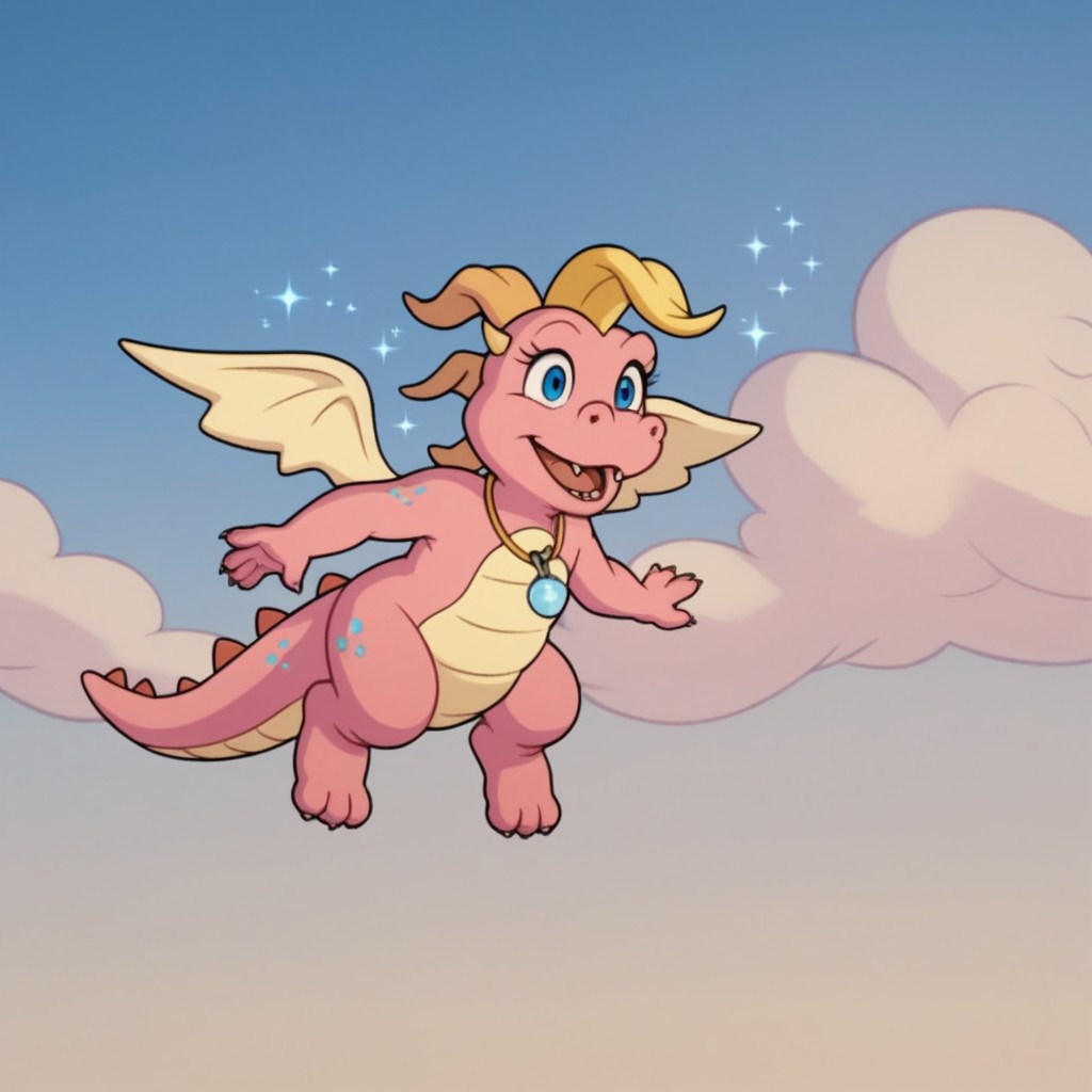 score_9, score_8_up, score_7_up, score_6_up, score_5_up, score_4_up source_furry, CassieDT, semi-anthro, female, dragon, pink skin, horns, wings, jewelry, necklace, flying, sparkle