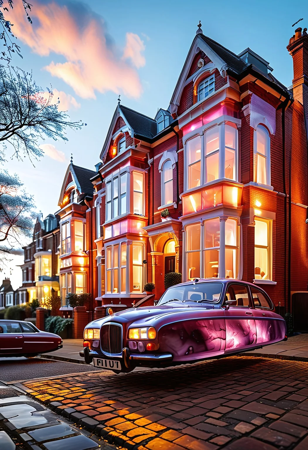 low angle cinematic shot, cinematic directional lighting, dynamic angle, hi-res photograph of a fluorite mineral, iridiscent, flu0rite retro style Hovering_Car parked in front of a red brick Victorian London townhouse, highly detailed, art photography, reij-snrs