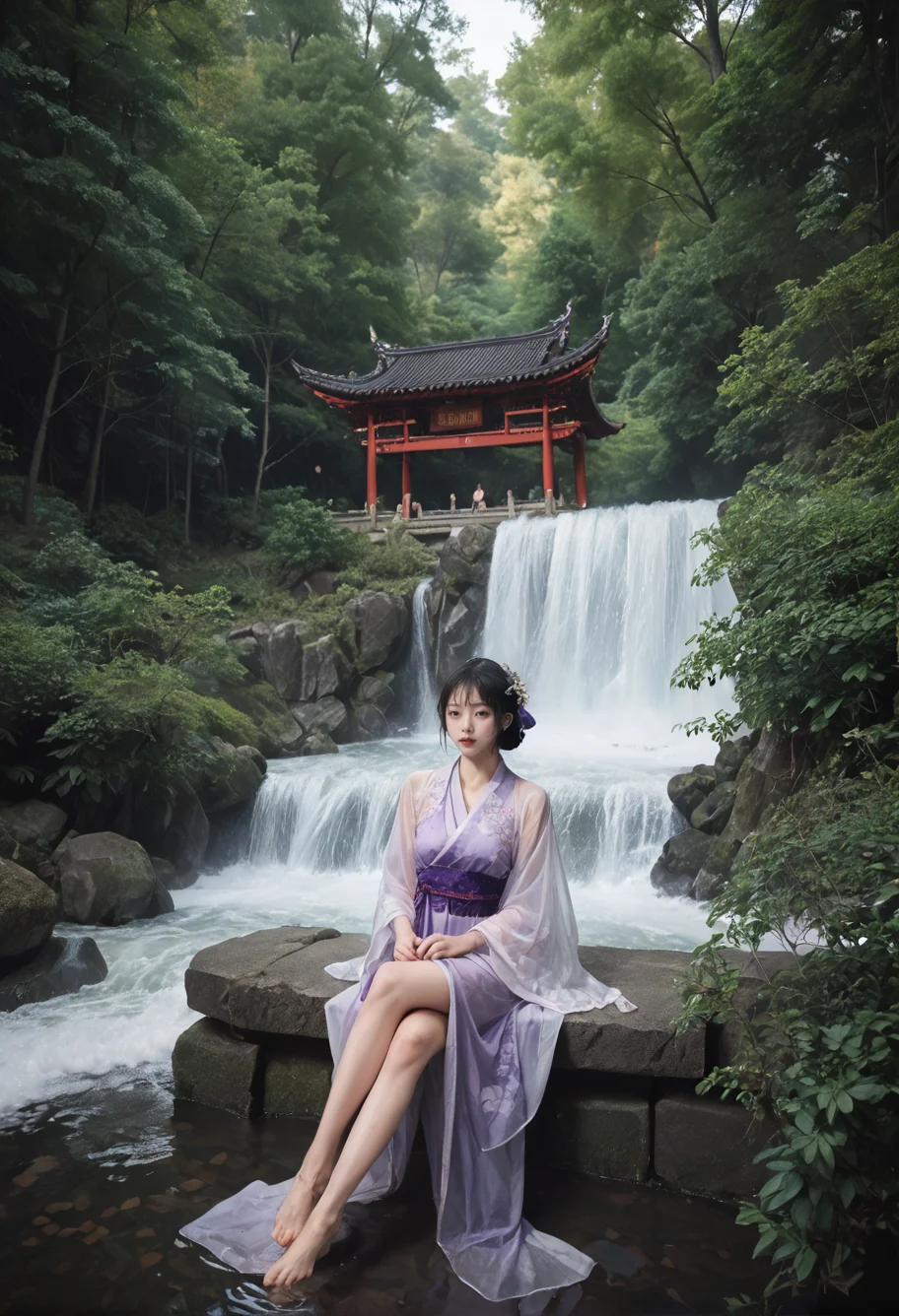 ,ruanyi0824,outdoors,forest,waterfall,east asian architecture,
in water,,ruanyi0752,hanfu,purple dress,see-through,wide sleeves,sitting,<lora:0824 building in forest_v1_pony:1>,<lora:0752 Wisteria butterfly hanfu_v1_pony:0.7>, score_9,score_8_up,score_7_up,,8k,1girl,solo,,