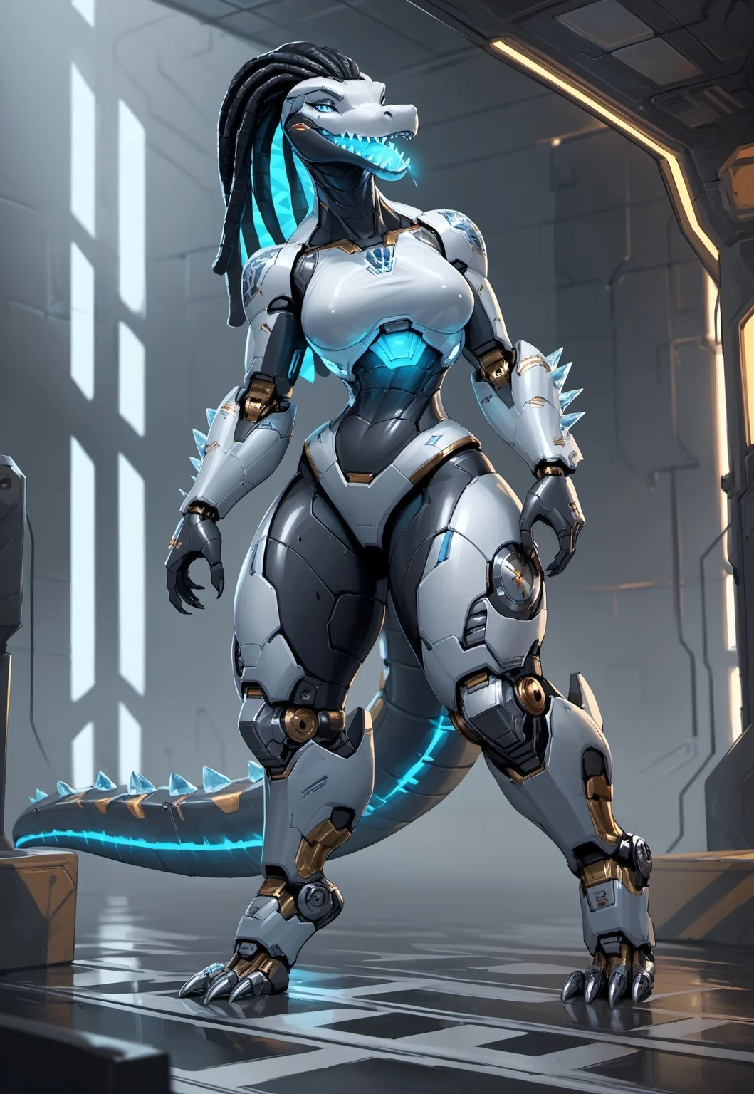 safe_pos, score_9, score_8_up, score_7_up, score_6_up, score_5_up, score_4_up, Alligator , ice type,, claws, spikes, anthro, Biomechanical, robot, robot skin, robot joints, female, metal dreadlocks (((extra thicc thighs)))boobs, glowing inner mouth, ice spikes, tiptoes, sexy