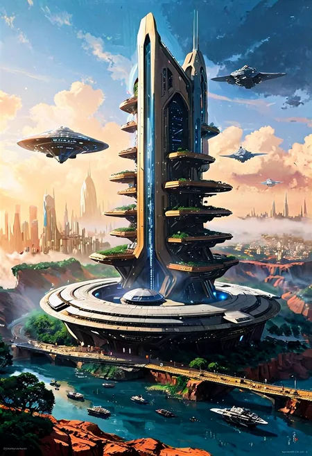 A new type of flying ship for sightseeing in the city of the future, 
Residents live in a sizable number of glass bubble capsules,
The alien colonial cities of the future look like towering ant nests built in Halfway underground in the Grand Canyon, glass dome, communications spire landmark, aircraft terminal, aerial mass transportation,
((The steel tower in the imperial capital of Star Wars, the Rubik's Cube and Golden Tower of the corporate headquarters in Blade Runner, The floating kingdom of Hayao Miyazaki's Castle in the Sky, the catacombs of Paris are full of skulls, Famous British architect Dream Detective)),
(futuristic:1.2), a huge military factory made of steel, glass, fog, sun, in the clouds, , futuristic military planes, moody tones, 
(real landscape:1.1), (blurred background:1.0), [buildings|vehicle|Crowd|buildings|trees|buildings|trees|vehicle|Crowd:0.7], (background, more_details:0.3) 
great lighting, stacked, vertical, futureskyline, Cyberpunk city, Office Buildingdark art impressionist painting
