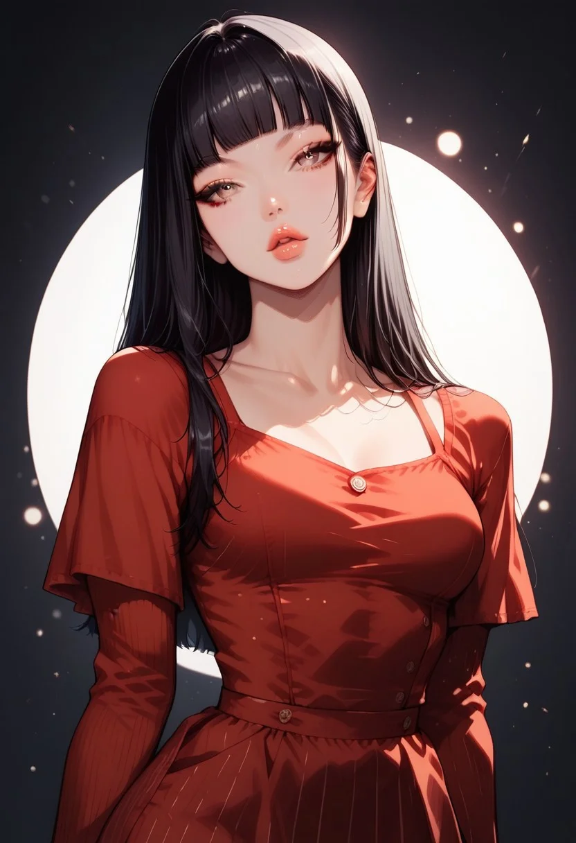 score_9, score_8_up, score_7_up, score_6_up, Shirley, ShirleyRH, 1girl, Asian, long black hair, straight hair, blunt bangs, almond eyes, Asian eyes, medium breasts, large hips, slender, natural lips, beautiful lips, detailed eyes, cowboy shot, front view, dark background posing, beautiful, ((red-white) sundress), posing cute, abstract background, detailed eyes, parted lips