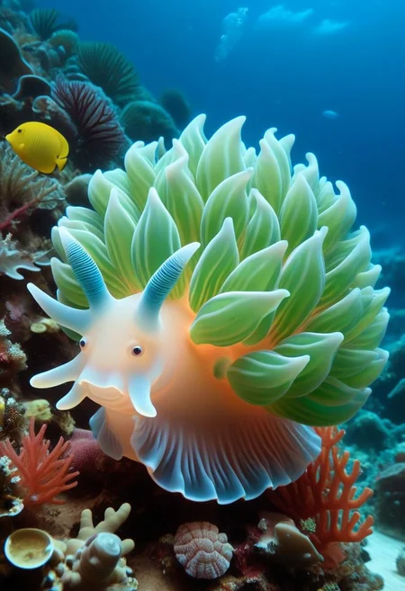 happy cow in the shape of a sea snail, tilted, glowing,translucent Subsurface Scattering ,at the bottom of the coral reef,aquatic vegetation,shells,underwater, 8k, leafsheep