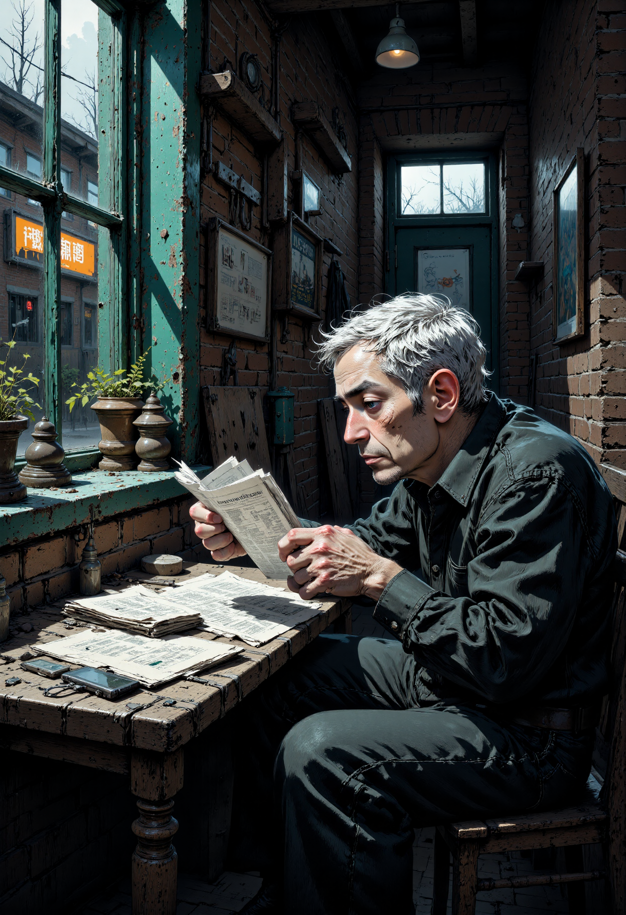 In this poignant photograph, a frail elderly man sits hunched over a wooden workbench, engrossed in a newspaper. His eyes scan the pages with a mixture of curiosity and weariness, his wispy white hair a stark contrast to the vibrant colors of the paper. His hands, gnarled and worn from years of manual labor, hold the paper with a gentle firmness.  Behind him, a dimly lit shop stretches out, its walls lined with an assortment of tools and trinkets. A glass door, its surface etched with the patina of age, stands ajar, revealing a narrow aisle lined with shelves. On one side, a wooden rack displays an assortment of pipes, their colors muted by the soft blue-green light that permeates the shop. A small stool, its seat worn to a soft sheen, stands beside the rack, a few scattered coins on its surface.  To the left, a small table, its surface cluttered with an assortment of tools and a few scattered papers, bears witness to the man's craft. A small, leather-bound book lies open on the table, its pages yellowed with age. A small, clear plastic bottle, its contents unclear, sits on the edge of the table, its label worn to a soft sheen.  The lighting in the photograph is soft and muted, the colors of the shop and the man's clothing blending together in a subtle harmony. The style of the image is one of quiet contemplation,<lora:CustomFlux/MysticComic-v2.safetensors:1.0:1.0>