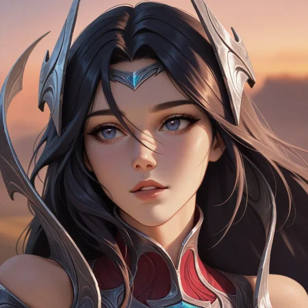 masterpiece, best quality, absurdres, highres, ireliadefault, 1girl, red dress, silver armored dress, silver diadem, silver hair ornament, bare shoulders, detached sleeves, black hair, long hair, portrait, face focus, detailed eyes, parted lips, gentle smile, depth of field, hair between eyes, sunset lighting,<lora:Irelia:1>