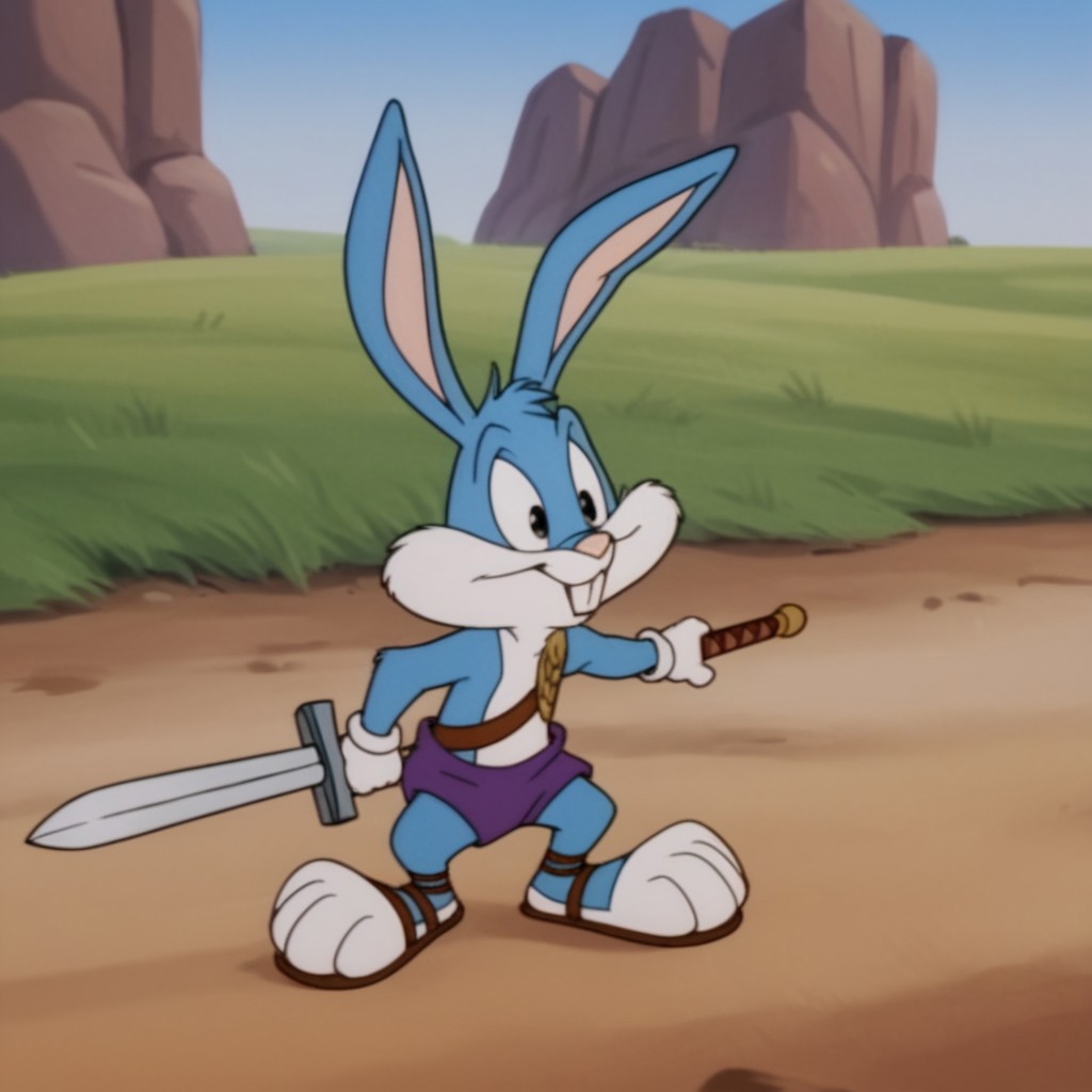 score_9, score_8_up, score_7_up, score_6_up, score_5_up, score_4_up, source_furry, bustertta, anthro, male, bunny, blue fur, buck teeth, outside in a field, holding, sword, gladiator outfit, sandals