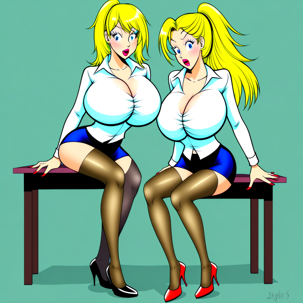 blonde hair, huge breasts, large breasts, underwear, ponytail, 2girls, lips, taut clothes, high heels, pantyhose