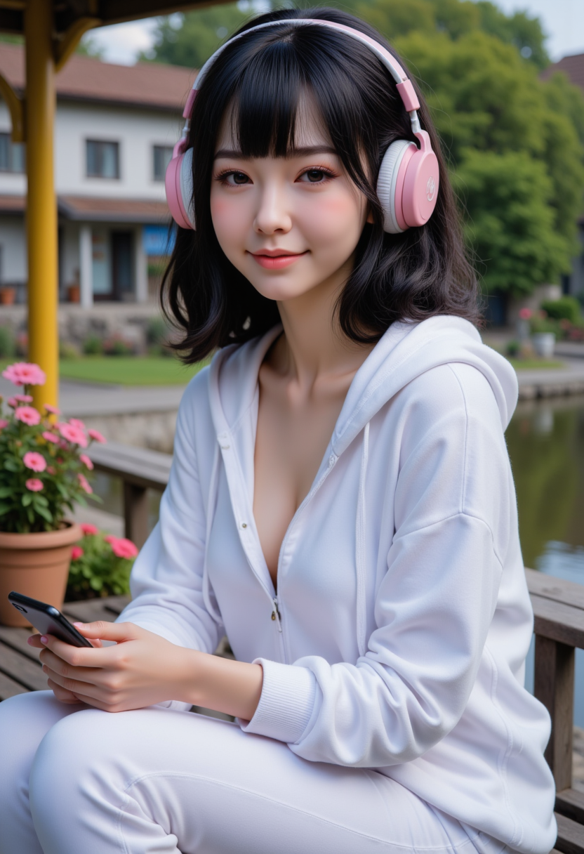 full body view, she is smiling, showing her smiling face,Hyperrealism, she is looking at the camera, (dynamic angles), profile headshots of a beautiful, stunning unique female character. her eyes are filled with joy and excitement, extravagant eyelashes. A photo of Nana_V3-000001, a woman,huge breasts, busty breasts, she is posing for the camera with a smile on her face. she is wearing pink and white headphones, listening to music on her iPhone, She is wearing a White Hoodie and white jeans, she is wearing pink and white shoes, dark hair, she is sitting on a bench at a covered bus stop, overlooking a beautiful pond, potted flowers line the street,  The girl is posing confidently. She is looking directly at the camera. making this image a masterpiece of photography and digital art. realistic. Style: realistic hyper-detailed rendering, 32k UHD, expressive eyes, punk, graphic design, girl's face, pretty and cute, gleaming lips, telling a tale of adventure. Exuding confidence and serenity. The overall mood of the image is happy and relaxed,detailed skin texture,(blush:0.2),(goosebumps:0.3),subsurface scattering,whimsical, retro50s_style, Niji style