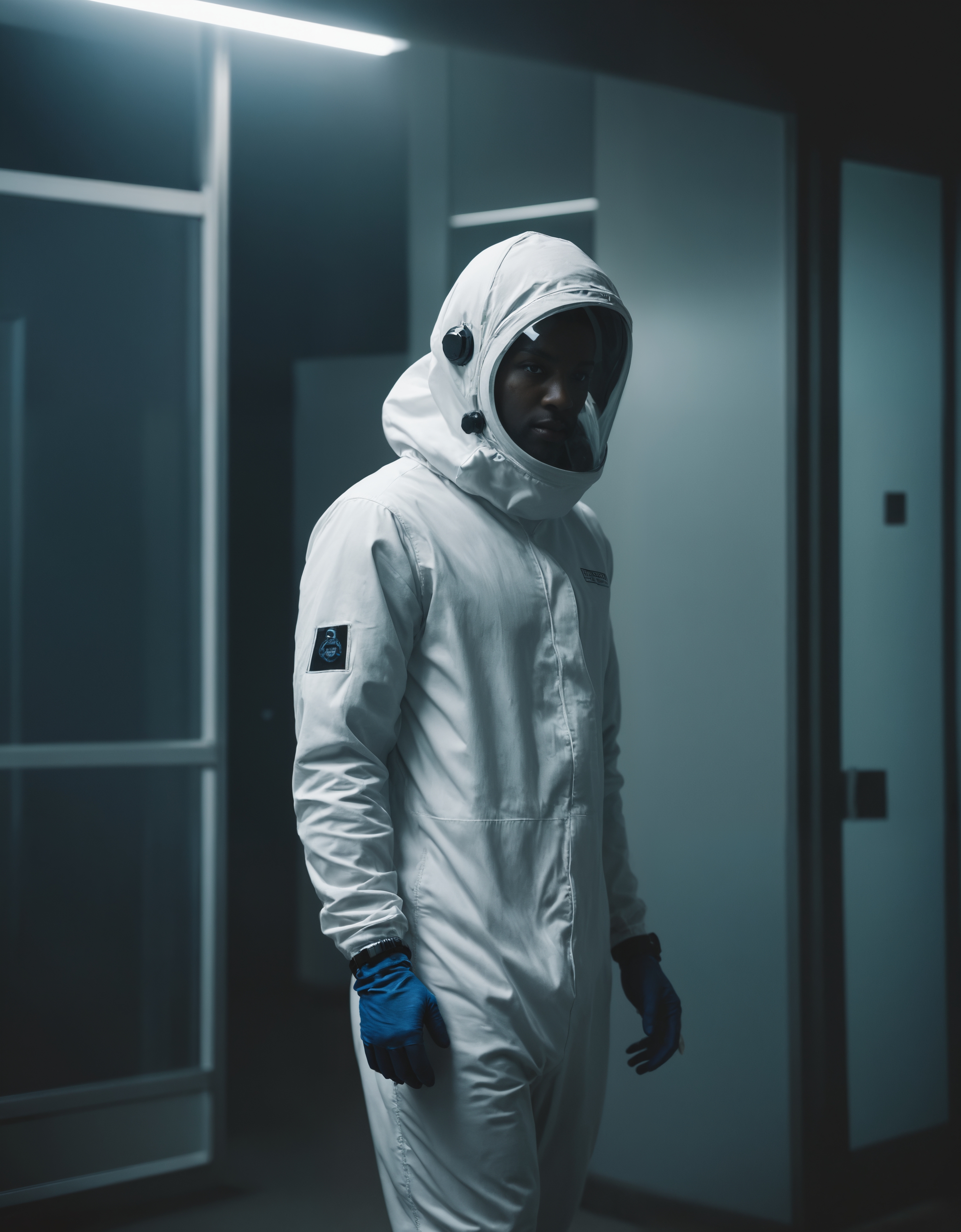 award winning photo of a man in hazmat suit stalking a high-tech laboratory at night, atmospheric haze, blonde hair, dynamic lighting, cinematic still, dark skin, movie screencap, contemplative, smirk, portrait, dynamic pose, turtleneck, zavy-cnmtc