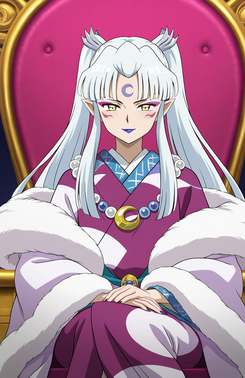 general,highres, ultra-detailed,very aesthetic,best quality ,best hands,  BREAK  <lora:Sesshomaru_no_Haha_IS:1>
Sesshomaru_no_Haha,pointy ears, japanese clothes, 1girl,solo, facial mark, kimono, white hair, long hair, 
yellow eyes, makeup, lipstick, forehead mark, crescent, necklace, fur, jewelry, purple lips, ponytail, twintails, fur trim, anime coloring, hair ornament, wide sleeves,
throne, throne, sitting,fearless smile,