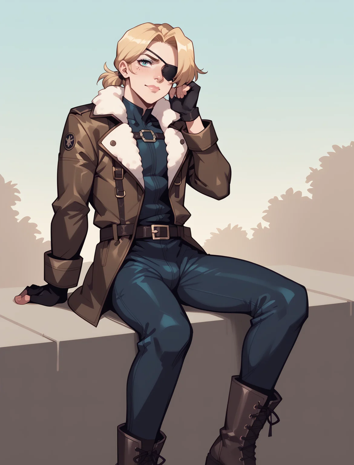 (score_9_up, score_8_up), score_7_up, 1boy, flat color, male focus,mature, blonde hair, short low ponytail,eyepatch, wearing a brown leather coat, fur, belt, fingerless gloves, boscoat,black tight jumpsuit, fur collar, long coat, long combat boots,  half body, Sitting with legs outstretched and leaning back on hands, Solar Symphony - Harmonious design with musical instruments motifs. This spaceship appears to be a conductor orchestrating cosmic harmonies. ,<lora:BOSBattlecoat:0.75>,    <lora:dross_style_ponyXL_v1:1>