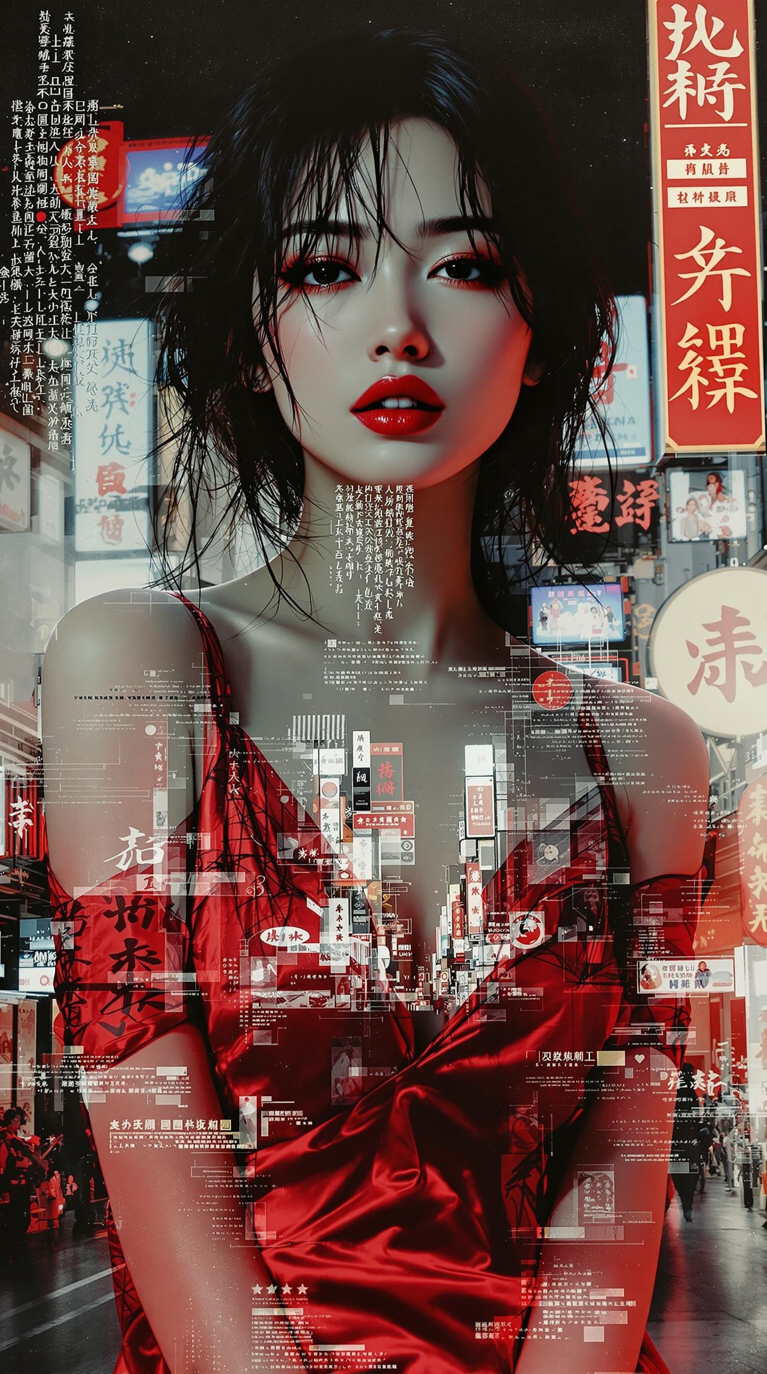 photorealistic poster ink art, double exposure image, the first image positioned at the bottom, featuring a closeup portrait of a beautiful oriental women wearing a short red dress, disheveled hair, bare shoulders, slightly parted lips, detailed fabric, [masterpiece], [best quality], chiascuro, below a scene of a night Chinatown city vista with video advertising screens, neon Kanji signs, disheveled hair, bare shoulders, slightly parted lips, detailed fabric, [masterpiece], [best quality], chiascuro