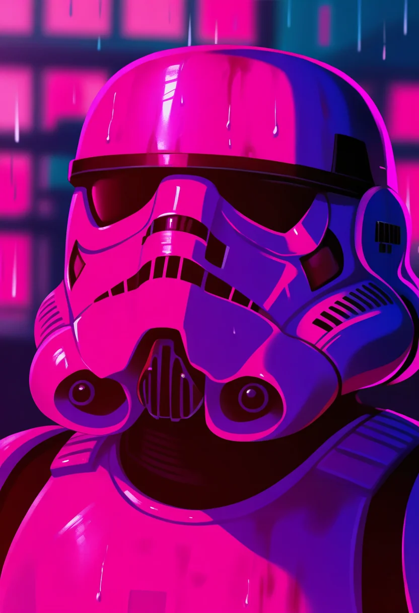 best quality, amazing quality, very aesthetic, absurdres,
1boy,
stormtrooper, helmet, armor,
portrait, blood on face, bandaid on nose,blurry background, pink lighting, night, dark, pink theme, rain, <lora:YouLookLonelyIllustriousXL_byKonan:1>, <lora:StormtrooperNoobXL_byKonan:1>