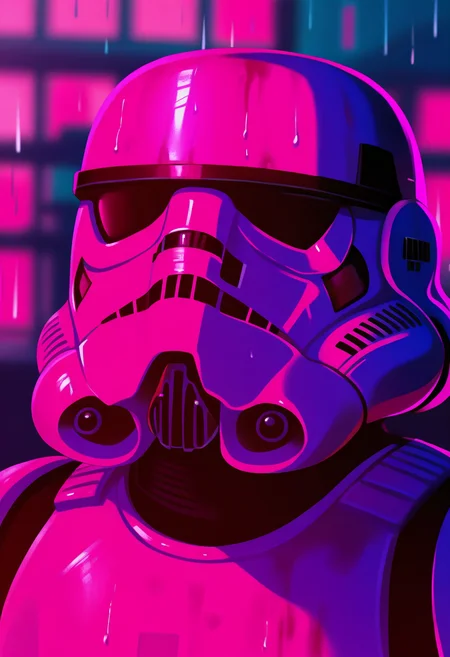 best quality, amazing quality, very aesthetic, absurdres,
1boy,
stormtrooper, helmet, armor,
portrait, blood on face, bandaid on nose,blurry background, pink lighting, night, dark, pink theme, rain, <lora:YouLookLonelyIllustriousXL_byKonan:1>, <lora:StormtrooperNoobXL_byKonan:1>