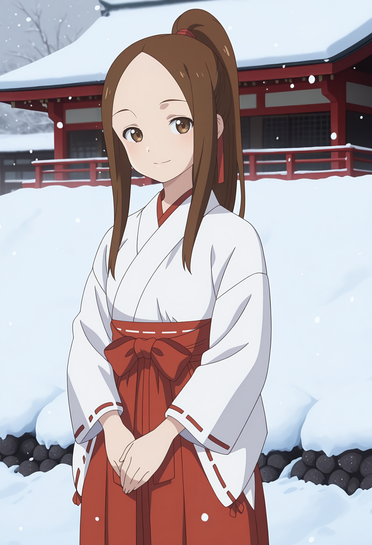 anime screencap, masterpiece, best quality,
<lora:KarakaiJouzuNoTakagi-San_Takagi(Adult)_IlluXL:0.9>,
1girl, solo, light smile,
high ponytail, long hair, parted bangs, forehead, brown hair, brown eyes,
miko, white kimono, ribbon-trimmed sleeves, red hakama,
standing, looking at viewer, cowboy shot,
outdoors, snow, snowing, building, snow pile, photo background, blurry background