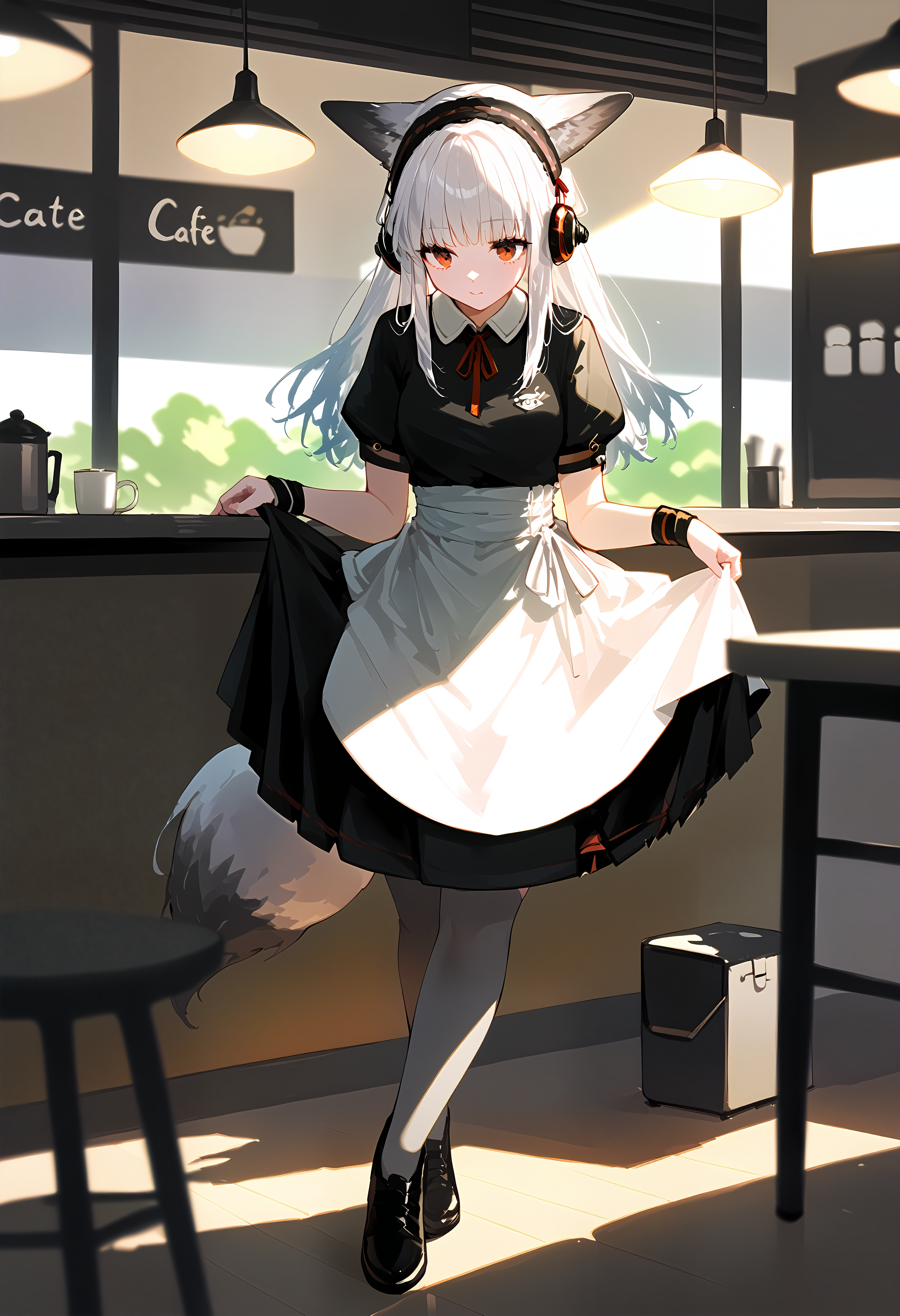 (score_9, score_8_up, score_7_up), 1girl, frostleaf \(ipstar\), headphones, hairband, white apron, wristband, grey thighhighs, black shoes, fox tail, skirt hold, curtsey, standing, indoors, cafe, <lora:frostleaf-akPO-v1c:0.85>, <lora:curtsey-gesturePO-v1:0.8>