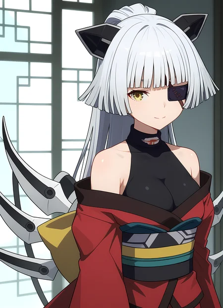 score_9,score_8_up,score_7_up,closed mouth, shiny skin, light smile,ohwx, 1girl, solo, long_hair, eyepatch, white_hair, yellow_eyes, ponytail, grey_hair, breasts, blunt_bangs, solo_focus, animal_ears,bare_shoulders, japanese_clothes, kimono, sash, obi, off_shoulder, wings, red_kimono, Leaning against a wall, celestial lunar greenhouse,<lora:lugh_pony_sobsynapse-000011:1>